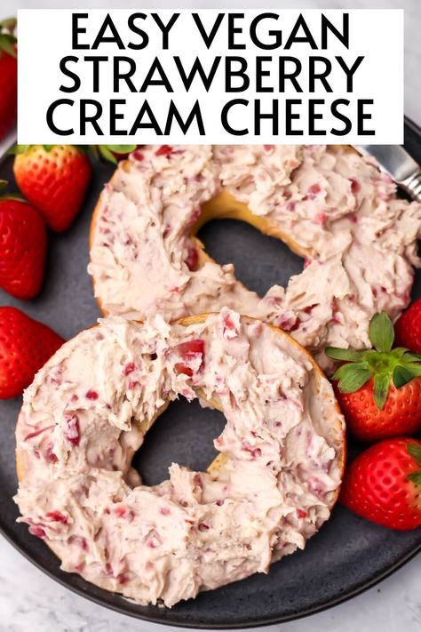 Vegan Strawberry Cream Cheese, Baking Alternatives, Vegan Cream Cheese Recipe, Vegan Cheese Boards, Vegan Bagel, Vegan Dips, Homemade Cream Cheese, Veggies Recipes, Vegan Cream