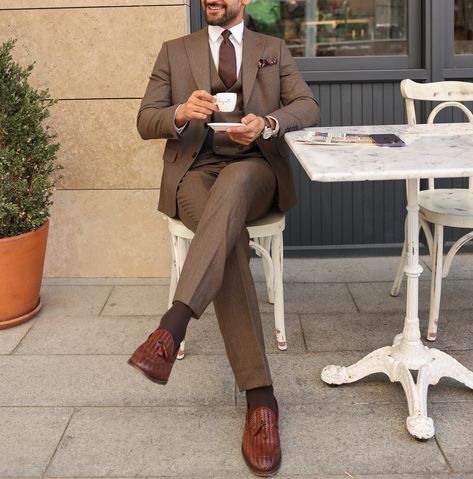 Radiate confidence in our Brown Slim-Fit Suit 3-Piece. The single-breasted 2-button blazer, featuring peak lapels and a fully-lined interior, embodies modern style and timeless sophistication. Perfect for making a lasting impression at any special event. #brownsuit #slimfitsuit #formalwear #suits #mensfashion #specialoccasion #sophisticatedlook #formalattire #dapper Men’s Suits For Fall Wedding, Mocha Suit Men, Brown Linen Suit Wedding, Dark Tan Wedding Suits, Brown Suits For Men Wedding Classy, Taupe Groom Suit, Men’s Wedding Guest Attire Spring Formal, Light Brown Tuxedo Wedding, Taupe Suit Men