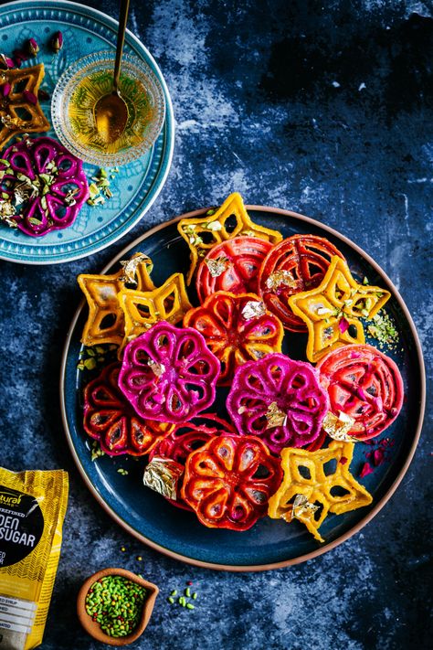 Jalebi Waffle Rosettes - Sweets and Treats - The Kate Tin Recipes Jar Snacks, Diwali Treats, Diwali Dinner, Brunch Barcelona, Veg Starters, Fusion Desserts, Desi Desserts, Easy Indian Dessert Recipes, Diwali Sweets Recipe