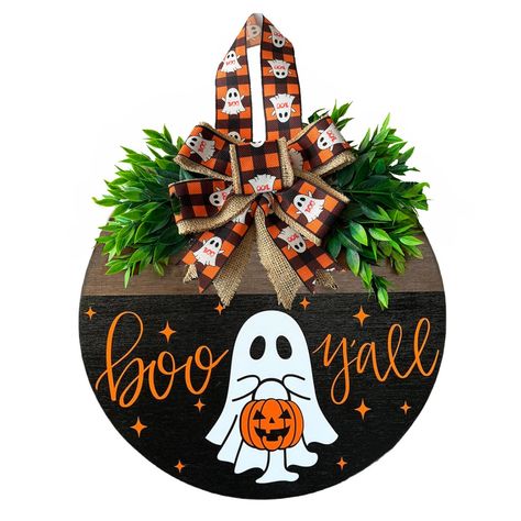 PRICES MAY VARY. 【Unique Design】 Our Halloween door decoration design is unique and beautiful, with cute ghosts carrying pumpkin baskets and printed with the "Boo" logo, full of Halloween atmosphere, perfect for decorating your home on Halloween. 【Suitable Size】Our Halloween house number has a diameter of about 12 inches/30cm. This size is just right for decorative doors, neither too small to be noticed nor too large to affect the overall appearance of the door. It is the perfect size for a room Porta Halloween, Boo Door Hanger, Boo Yall, Door Plaque, Halloween Door Hangers, Door Plaques, Hauntingly Beautiful, Halloween Door, Ghost Pumpkin