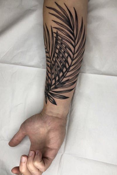 Cover Up Script Tattoos, Palm Branches Tattoo, Palm Fronds Tattoo, Water Pattern Tattoo, Plant Arm Sleeve Tattoo, Palm Leaf Tattoos, Leaves Forearm Tattoo, Palm Frond Tattoos, Leaves Tattoo Men