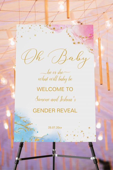 Gender reveal welcome sign board pink blue and gold oh baby personalized gender reveal decor Gender Reveal Decor, Gender Reveal Signs, Baby Gender Reveal Party Decorations, Gender Reveal Party Decorations, Gender Reveal Decorations, Baby Gender Reveal Party, Party Stationery, Baby Birthday Cakes, Sign Board