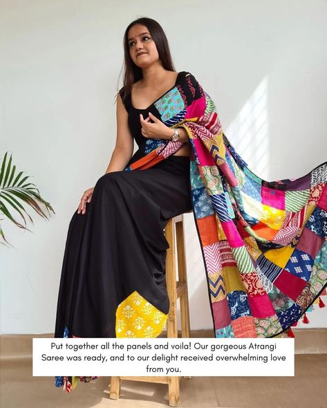 Take a journey with us as we create our first Atrangi Saree! 🌟✨ 1. We started by sorting fabric scraps by size and color, laying the groundwork for something truly special. 2. Larger pieces were carefully selected to form a stunning border, adding a touch of elegance. 3. Smaller scraps were transformed into beautiful patchwork, each piece contributing to the unique design. 4. Even the tiniest fragments were not wasted, becoming playful tassels that add charm and character. Witness the ma... Customized Saree Designs, Cotton Saree Painting Ideas, Bathik Saree Designs, Patchwork Saree, Applique Saree, Embellished Lehenga, Unique Saree, Saree Black, Kurta Pants