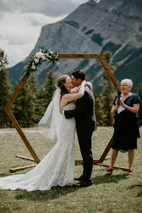 A Tunnel Mountain Wedding Ceremony | Banff Real Wedding Wedding Tunnel, Mountain Wedding Ceremony, Hexagon Arch, Hexagon Wedding, Surrounded By Love, Banff Wedding, Wedding Mountain, Wedding Ceremony Arch, Banff Alberta