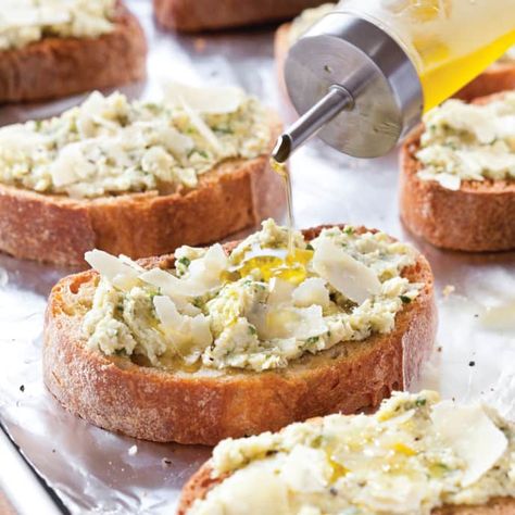 Bruschetta with Artichoke Hearts and Parmesan | America's Test Kitchen Recipe Recipes With Artichoke Hearts, Bruchetta Appetizers, Artichoke Bruschetta, Cheese Breads, Flavored Cheese, Bruschetta Recipes, Artichoke Heart Recipes, American Test Kitchen, Thanksgiving Food Sides