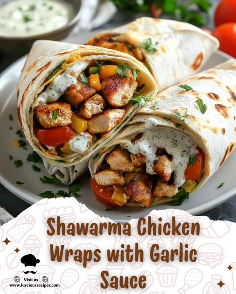 Indulge in these mouthwatering Chicken Shawarma Wraps with creamy garlic sauce—packed with bold spices, fresh veggies, and all the steps you need for the perfect wrap! Swarma Chicken Wrap Recipe, Healthy Wraps Recipes, Schwarma Chicken, Chicken Hummus Wrap, Shawarma Wrap Recipe, Chicken Schwarma, Shawarma Wrap, Shawarma Sauce, Wrap Chicken