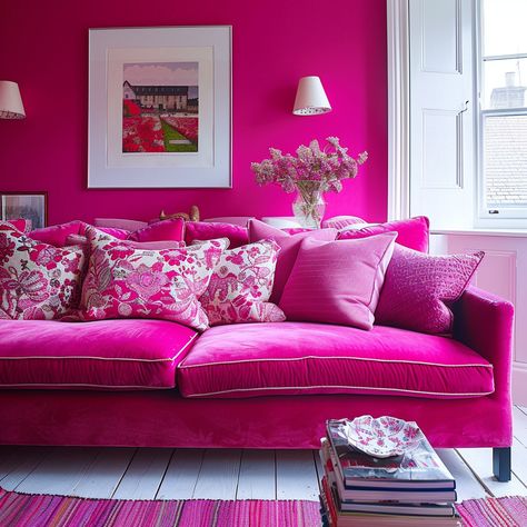 Bright Pink Sofa, Hot Pink Walls Living Room, Hot Pink Sofa Living Room Ideas, Fuschia Living Room, Hot Pink Couch, Pink Sofa Living Room Ideas, Hot Pink Living Room, Hot Pink Sofa, Apartments Layout