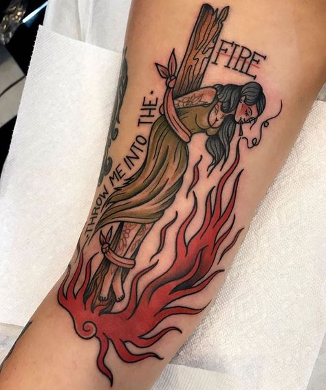 Brothers Grimm Tattoo, Witch Burning At The Stake Tattoo, American Traditional Witchy Tattoos, Woman Burning At Stake Tattoo, Witch Burned At Stake Tattoo, Awake Unafraid Tattoo, Witch Burning At Stake Tattoo, Burning Witch Tattoo Traditional, American Traditional Fire Tattoo