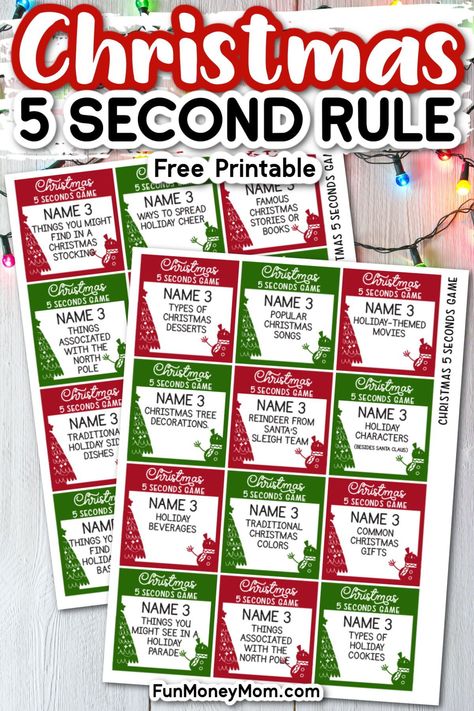 This free printable Christmas 5 Seconds game is the perfect holiday game for kids and adults alike! They'll have a blast with this quick and easy to play holiday activity! Free Holiday Games, Easy Diy Christmas Games, Outburst Game Printable, Christmas Outburst Game Free, 5 Second Game Christmas, Ladies Christmas Brunch Games, Free Christmas Party Games For Adults, Christmas Games For Adults Printables Free, Christmas Word Games For Adults