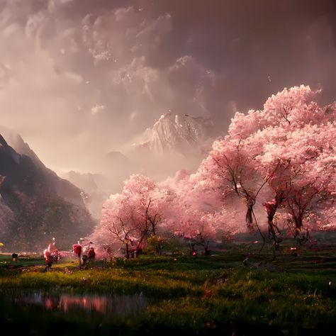 This landscape shows beautiful japanese pink sakura cherry blossom trees, atmospheric mountains in the background and a colorful and romantic flower field. There is also a little river in the foreground. Japanese Pink, Cherry Blossom Trees, Pink Sakura, Trees Landscape, Japanese Sakura, Sakura Tree, Pink Painting, Sakura Cherry Blossom, Concept Art Drawing