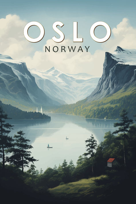 Retro-style poster featuring a picturesque view of Oslo, Norway, perfect for adding a vintage flair to home decor. Retro Places, Oslo Norway Travel, Norway Poster, Oslo Travel, Landscape Posters, Norway Fjords, Space Pattern, Old Advertisements, Travel Postcard