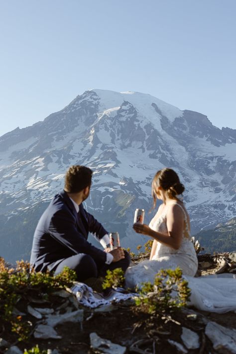 A magical sunset hiking elopement in Mt. Rainier National Park. Planning for a hiking elopement at Mt. Rainier in early July can be risky (there can still be a lot of snow), but MRNP pulled out all the stops for Samantha and Jay! Clear skies, warm temps, a golden sunset, wild flowers, and even a bucket list wildlife encounter with a Mountain Goat! Follow for more Mt. Rainier National Park elopements, hiking elopements, mountain elopements, and sunset elopements. Mt Rainier Elopement, Montana Photoshoot, Baker Photoshoot, Wildflower Elopement, Eloped Wedding, Hiking Ideas, Pnw Elopement, Magical Sunset, Mt Rainier National Park