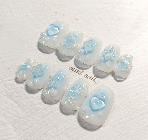 Blue nails Cute Sky Blue Nails, Blush Blue Nails, Korean Blue Nails Aesthetic, Blue Jelly Nails Korean Short, White Japanese Nails, New Jean Nails, Blue Nail Designs Korean, Korean Gel Nails Blue, Japanese Bubble Nails