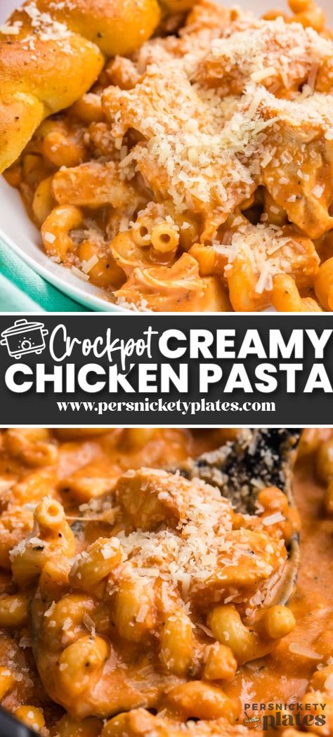 In need of a creamy, saucy, cheesy chicken and pasta dish that everyone will love? This slow cooker creamy chicken pasta made with juicy chunks of chicken, alfredo sauce, marinara sauce, and mozzarella cheese has all the comforts of a homestyle meal with the convenience that only a crockpot can deliver! Slow Cooker Chicken And Pasta Recipes, Crockpot Meals With Noodles, All Day Crock Pot Meals, Creamy Pasta Crock Pot Recipes, Fast Chicken Crockpot Recipes, Crockpot Sauce Recipes, Cheap Dinners With Chicken, Slow Cooker Favorites, Pasta Recipe Crockpot