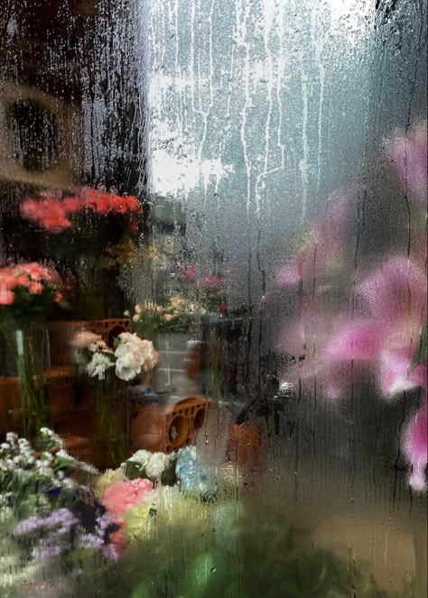 Foggy Window Flower Wallpaper, Rainy Flowers Aesthetic, Rainy Flowers, Wet Flowers, Rainy Window, Hyper Realistic Paintings, Iphone Homescreen Wallpaper, Flower Therapy, Rain Photography