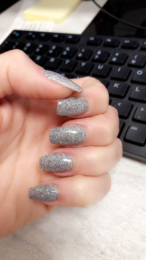 Silver Glitter Nails Acrylic Sparkle, Gray Sparkle Nails, Grey Sparkly Nails, Silver Sparkly Nails, Grey Acrylic Nails, Prom 2022, Silver Glitter Nails, Glitter Nails Acrylic, Plain Nails