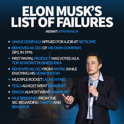 ELON MUSK IS A FAILURE - said no one ever. - People often look at their own fails as the end of the world without seeing the other end of… Elon Musk Biography, Elon Mask, Famous Failures, Tesla Spacex, Elon Musk Quotes, Wealth Quotes, Stories Of Success, Millionaire Quotes, Inspirational Quotes About Success