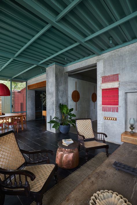 Red Pendant Light, Wall Cut Out, Kerala Houses, Vernacular Architecture, Wood Framed Mirror, Concrete Structure, Glass Facades, Picture Windows, Creature Comforts