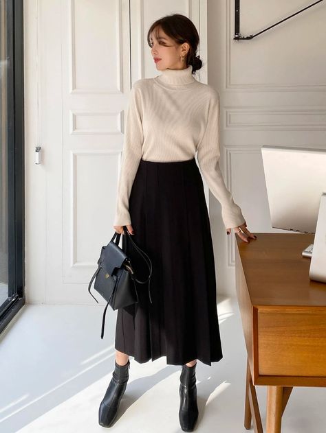 DAZY Ribbed Knit Turtleneck Sweater | SHEIN USA Turtleneck And Long Skirt Outfit, Turtleneck Korean Outfit, Ribbed Turtleneck Winter Sweater, Dazy Shein Outfit, Korean Fashion Turtleneck, Cozy Turtleneck Top With Ribbed Collar, Korean Turtle Neck Photoshoot, Turtleneck Sweater Outfit, Outfit Korean