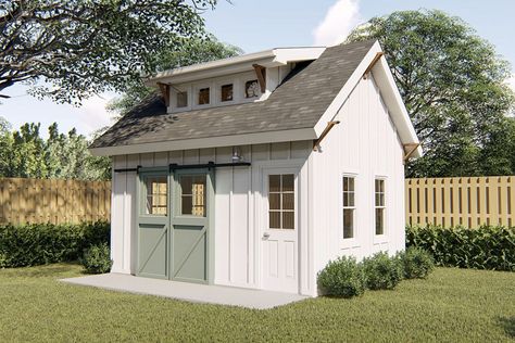 Shed Plans from Architectural Designs 16x12 Shed Plans, Large Garden Shed, Modern Farmhouse Shed, Farmhouse Shed, White Shed, Verandah Ideas, Pool Sheds, Backyard Workshop, Farmhouse Sheds