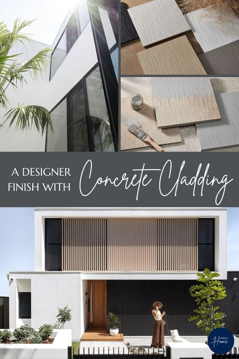 Images of a house using concrete cladding and examples of what the panels look like. Concrete Panel Facade, Brushed Concrete, External Render, Concrete Cladding, Building Material, Modern Homes, Building Materials, Modern House, New Homes