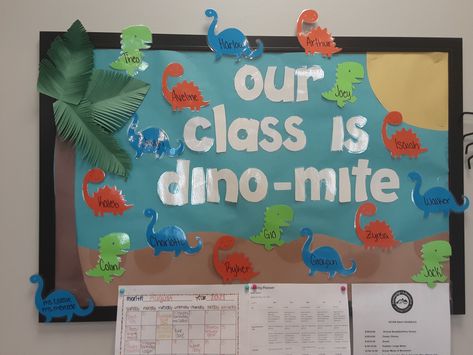 Dye cut dinosaurs 
Palm Tree Classroom Themes For Two Year Olds, Themes For Two Year Old Classroom, Dinosaur Preschool Bulletin Board, Preschool Boards Bulletin, Two Year Old Classroom Door Ideas, Preschool Welcome Board Ideas, August Bulletin Board Ideas For Toddlers, Preschool Welcome Back Bulletin Boards, Welcome Back To Preschool Bulletin Board