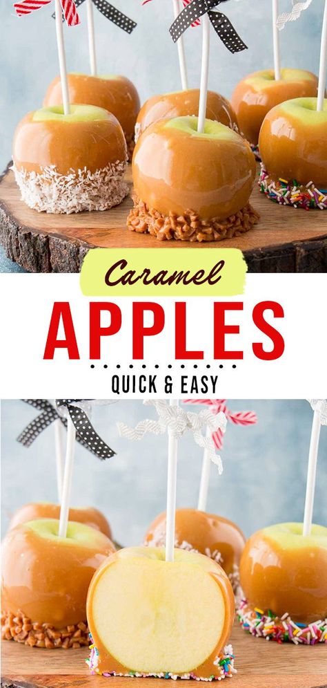 These homemade caramel apples are made with just 3 simple ingredients and can be made extra special with toppings. Diy Caramel Apples Easy, Carmel Apples Crock Pot, Crockpot Caramel Apples, Carmel Apples Recipes, How To Make Caramel Apples, Diy Caramel Apples, Carmel Apple Recipe, Ghoul Party, Easy Caramel Apples