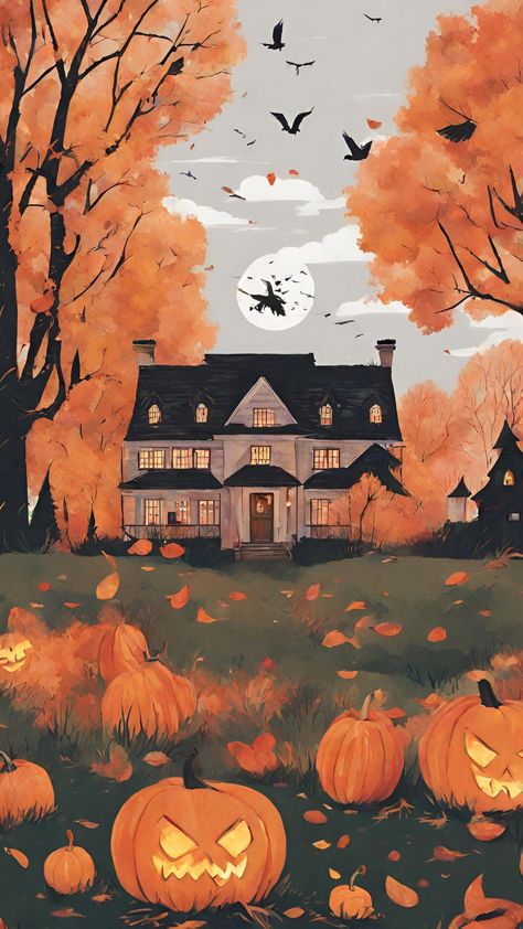 Cozy Fantasy Wallpaper, Summerween Aesthetic Wallpaper, September Painting Ideas, Fall Phone Screen, Summerween Wallpaper, Fall Anime Wallpaper, Autumn Wallpaper Backgrounds, September Phone Wallpaper, September Iphone Wallpaper