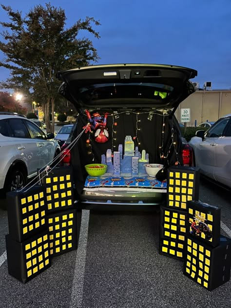 Halloween Trunks Ideas, Spider Verse Decorations, Dog Man Trunk Or Treat, Spider Verse Trunk Or Treat, Spider Man Trunk Or Treat Ideas, Spidey Trunk Or Treat Theme, Miles Morales Trunk Or Treat, Truck A Treat Ideas, Trick And Trunk Ideas