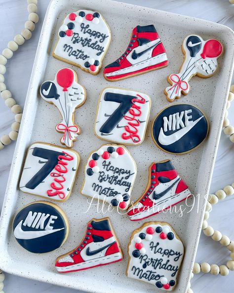 Nike Cookies 👟❤️🖤 Pricing? 👉🏻 https://msha.ke/alecreations918 • • • • #alecreations918 #tulsasmallbuisness #tulsaoklahoma #decoratedsugarcookies #customcookies #cookie #cookies #inspirationcookies #cookiesofinstagram #desserts #dessertporn #dessertideas #partyideas #party #sugarcookies #royalicing #royalicingcookies #cookies #cookiesideas #royalicingideas #nike #nikecookies #nikeshoes #nikepartyideas #nikeparty #nikepartytheme #nikedessert #nikejordan Nike Cookies Birthday, Nike Shoe Cookies, Sneaker Ball Cookies, Nike Theme Party Birthdays, Nike Cookies, Nike Birthday Party Ideas, 12th Birthday Party Ideas, Shoe Cookies, Sneaker Ball