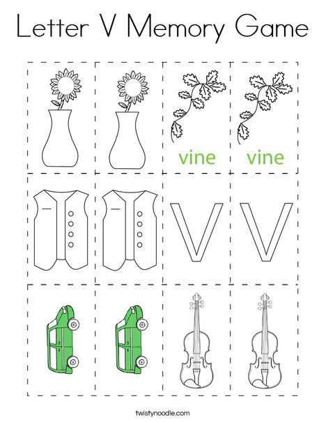 Letter V Memory Game Coloring Page - Twisty Noodle Letter Memory Game, Letter V Activities For Toddlers, Projects For Preschoolers, Letter Coloring Pages, Junior Kindergarten, V Words, Twisty Noodle, Toddler Class, Abc Activities