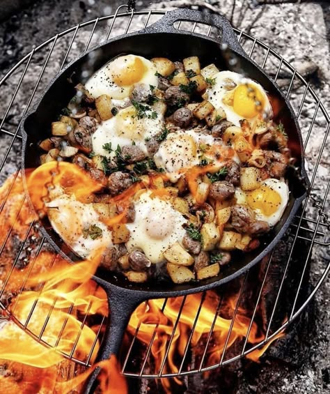 Campfire Food, Fire Cooking, Man Food, Campfire Cooking, Camp Cooking, Iron Skillet, Camping Food, Camping Equipment, Camping Meals