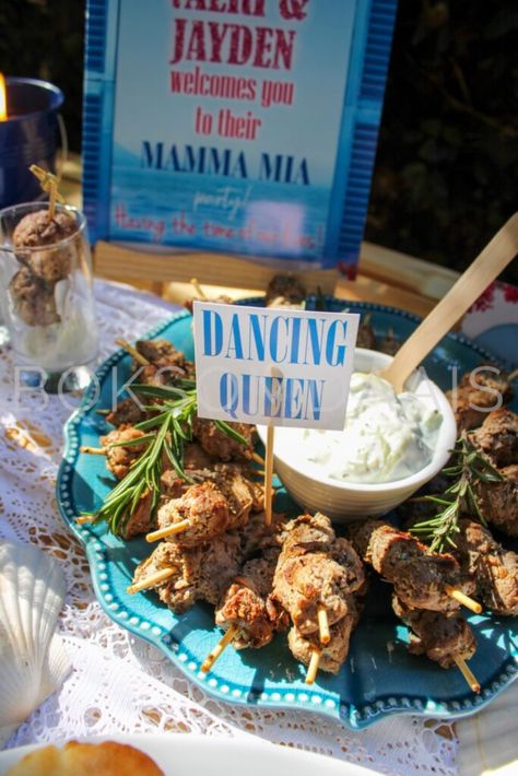 I'm Totally in Love with this Stunning Mamma Mia Party! Abba Dinner Party, Greek Inspired Party Food, Mamma Mia Party Desserts, Abba Theme Birthday Party, Mamma Mia Themed Desserts, Mama Mia Themed Birthday Party Food, Mamma Mia Inspired Food, Mamma Mia Party Food Ideas, Mamma Mia Snacks