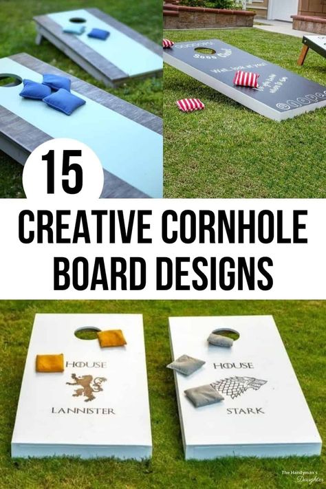 Creative Cornhole Boards Designs, Easy Cornhole Designs, Portable Cornhole Boards Diy, Designs For Cornhole Boards, Cricut Cornhole Boards Diy, Simple Corn Hole Board Designs, Corn Hole Board Ideas Design, Creative Corn Hole Boards, Cornhole Board Ideas Design