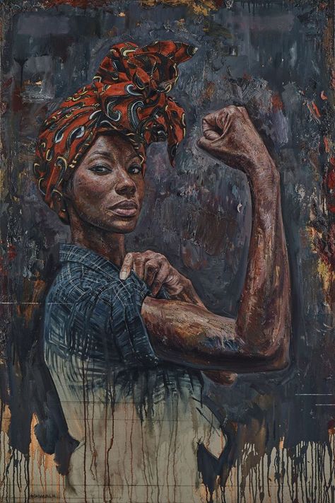 "Rosie" - Tim Okamura (Canadian, b. 1968), oil on canvas board, 2014 {figurative art strong female standing African-American black woman grunge painting detail drips #loveart} http://timokamura.com Tim Okamura, Blk Women, Arte Pin Up, Figurative Kunst, Afrique Art, Art Noir, Black Artwork, Wow Art, Dope Art