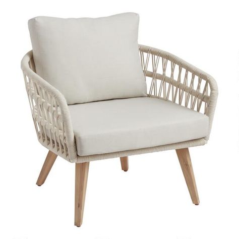 Nevis Antique White Woven Rope Outdoor Chair - v1 Mid Century Outdoor Furniture, Outdoor Patio Chairs, Outdoor Rocking Chairs, Outdoor Furniture Collections, Outdoor Chair, Small Patio, Affordable Home Decor, Wicker Furniture, Patio Furniture Sets