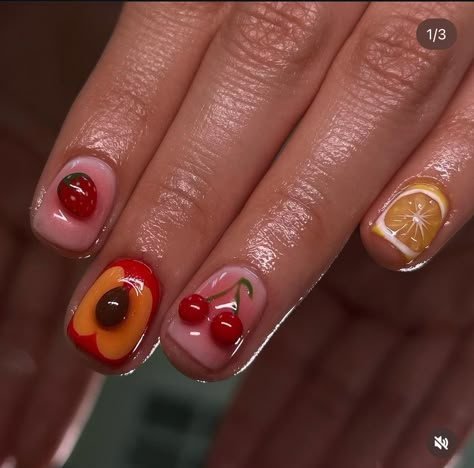 Fruit Punch Nails, Weird Short Nails, Summer Manicure Ideas Gel, Veggie Nails, Short Fruit Nails, Papaya Nails, Fruit Nails Short, Short Hippie Nails, Tomato Nails