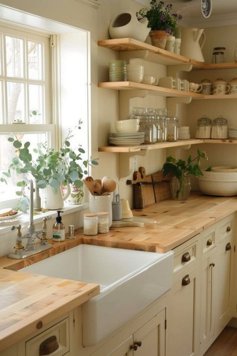 Embrace rustic charm and cozy efficiency with cottage kitchen ideas. Click here to see more inspiration. Kitchen Reno Ideas Farmhouse, Rustic English Kitchen, Rustic English Country Kitchen, Old Country Farmhouse Kitchen, Small Country Style Kitchen, Rustic Cottage Home Decor, Cottage Feel Kitchen, Classic Cottage Kitchen, Cottage Core Farmhouse Aesthetic