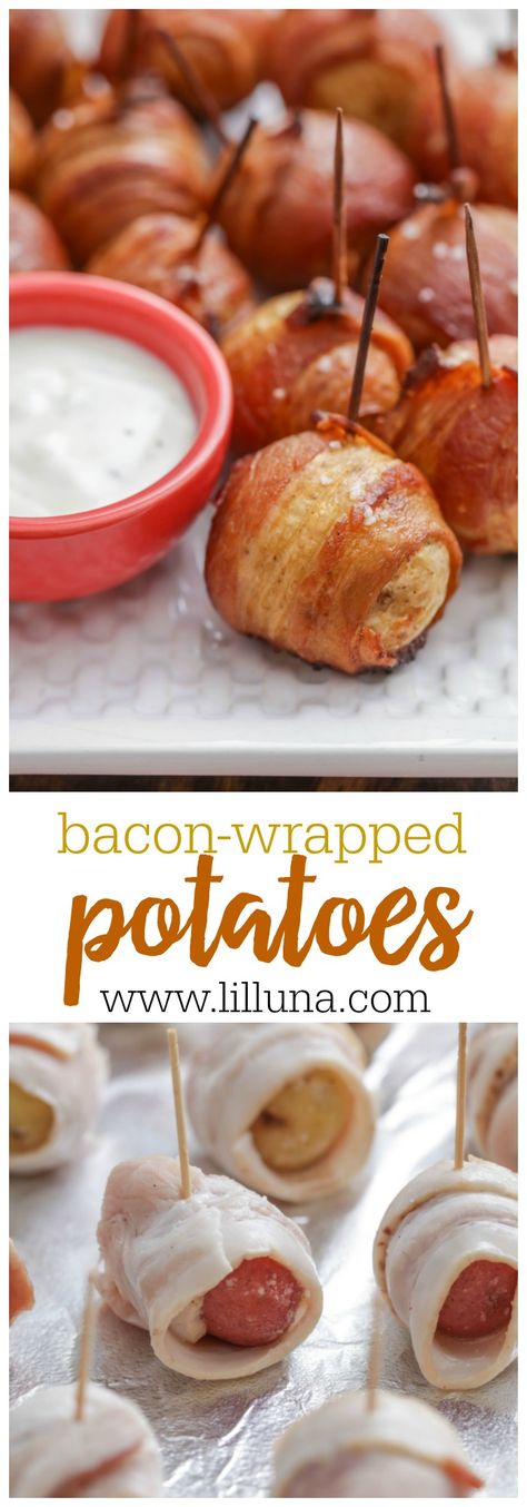 Bacon Wrapped Potatoes - a delicious appetizer combing two favorite ingredients - bacon and potatoes perfect with ranch. Potatoes Baked In Oven, Bacon And Potatoes, Bacon Appetizer, Bacon Wrapped Potatoes, Bacon Wrapped Appetizers, Baked Appetizers, Potato Appetizers, Potatoes Baked, Bacon Appetizers