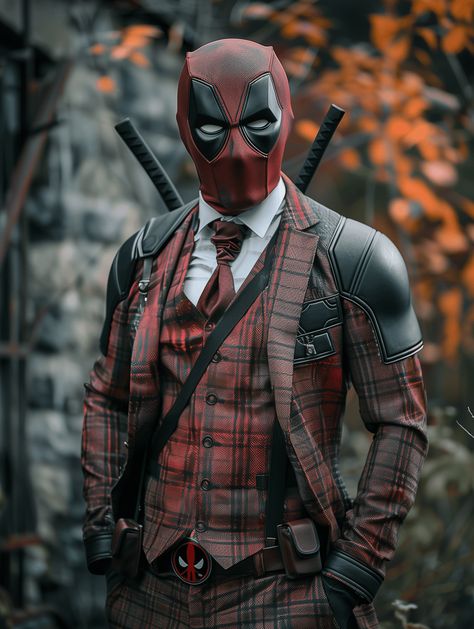 Deadpool-themed groom suit Deadpool Wedding Theme, Deadpool Wedding, The Groom Suit, Black Salwar Suit, Deadpool Logo, Wedding Features, Grooms Suit, Indian Inspired, Black Tuxedo