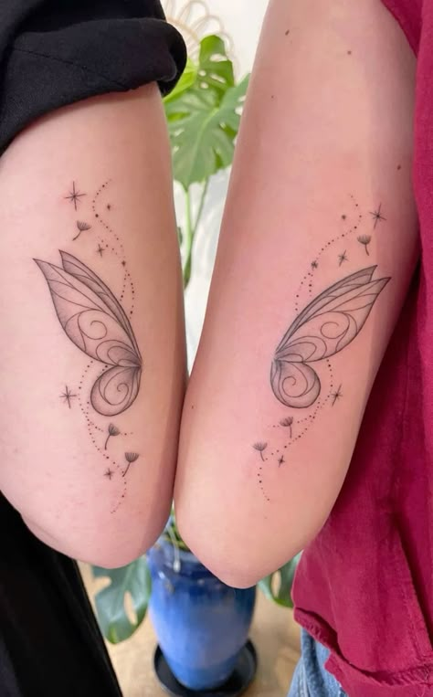 Minimal Tinkerbell Tattoo, Fairy Friends Tattoo, Fairy Tattoo With Color, Tinkerbell Wing Tattoo, Disney Fairy Tattoo, Tinkerbell Matching Tattoos, Disney Tattoos Tinkerbell, Disney Fairies Tattoo, Fairy Forearm Tattoo Women