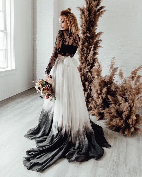 16 beautiful Ombré Wedding Dresses Ombre Wedding Dress, Wedding Dress Black, Two Piece Wedding Dress, Ombre Wedding, Alternative Wedding Dresses, Dark Wedding, White Wedding Dress, Black And White Wedding, Brides Magazine