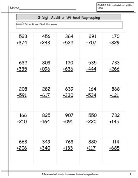 three digit addition with no regouping worksheets Touch Math, Math Practice Worksheets, Math Addition Worksheets, Free Printable Math Worksheets, Math Subtraction, Math Sheets, 2nd Grade Math Worksheets, 2nd Grade Worksheets, Printable Math Worksheets