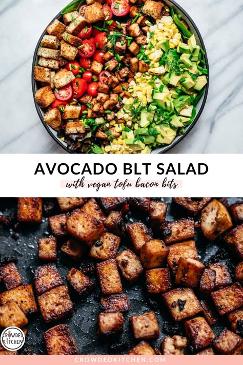 This vegan Avocado BLT salad with tofu bacon, croutons and a ranch-style dressing will convince even the pickiest of eaters to love salad. It may not be the healthiest salad you'll ever eat, but it's surely one of the tastiest! Vegan Hearty Salad, Vegan Blt Salad, Tofu For Salad, Vegan Chef Salad, Vegan Burger Salad, Vegan Dinner Salad, Salads With Tofu, Salad With Tofu, Vegan Tofu Salad