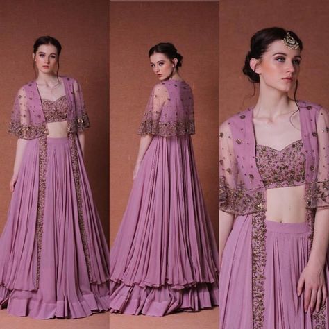 Love this lilac floral cape lehenga set by Dheeru & Nikita #Frugal2Fab Baju Kahwin, Blouse Lehenga, Indian Outfits Lehenga, Lehnga Dress, Blouses Women, Engagement Outfit, Outfits Dress, Red Lehenga, Indian Gowns Dresses