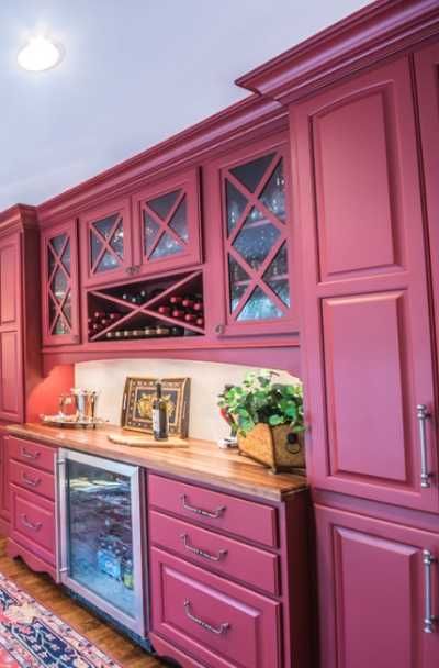 23 Pink Kitchen Cabinet Ideas | Sebring Design Build Hot Pink Kitchen Cabinets, Rose Colored Kitchen Cabinets, Magenta Cabinets Kitchen, Dark Pink Kitchen Cabinets, Berry Kitchen Cabinets, Bright Pink Kitchen, Dark Pink Kitchen, Mauve Kitchen Cabinets, Pink Cabinets Kitchen