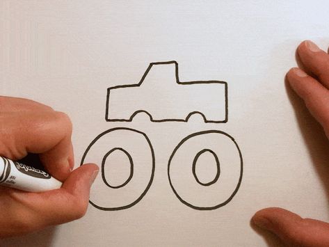 Simple Monster Truck Drawing, How To Draw Monster Truck, Monster Truck Doodle, Monster Truck Drawing Easy, How To Draw A Truck, Draw Monster Truck, Easy Directed Drawing, Truck Drawing Easy, Monster Truck Drawing