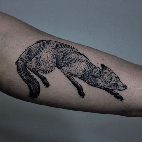 Black tattoo of a sneaking fox inked on the left bicep Black Fox Tattoo, Coyote Tattoo, Fox Tattoo Design, Blackwork Tattoos, Witch Tattoo, Rabbit Tattoos, Black Fox, Fox Tattoo, B Tattoo