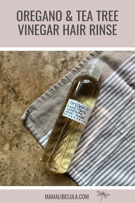 All natural, cleansing DIY hair rinse crafted with oregano & tea tree Diy Tea Tree Shampoo, Tea Tree Oil Shampoo Diy, Nettle Hair Rinse, Diy Hair Rinse, Hair Rinse Diy, Tea Tree Oil Hair, Tea Hair Rinse, Hair Rinse Recipe, Diy Hair Products Recipes