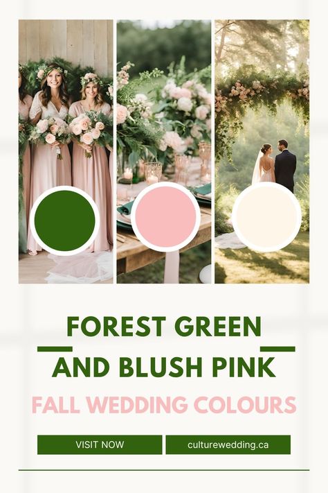 18 Best Fall Wedding Colour Ideas & Combinations for 2025 Summer Forest Wedding Colors, March Wedding Color Palette, Blush Pink And Dark Green Wedding, Dark Green Pink Wedding, Fall Wedding Colors Green, Green And Pink Wedding Colors, Dark Green And Pink Wedding, Green And Pink Wedding Theme, Fall Wedding Colours